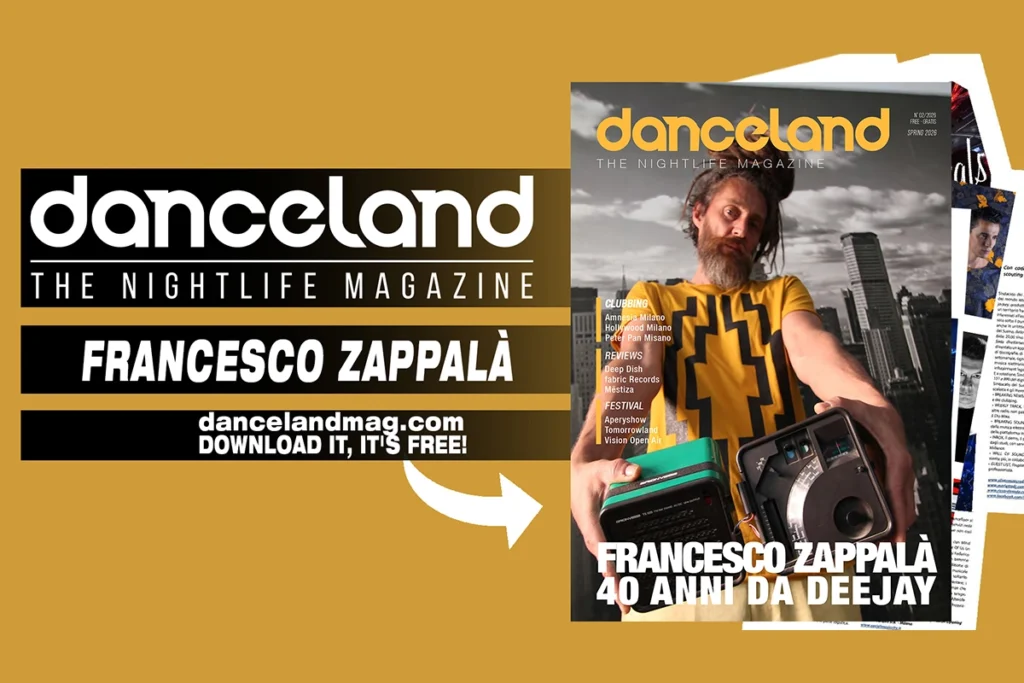 Danceland magazine cover with Francesco Zappalà, 40 anni da deejay, holding a boombox and city skyline in the background.