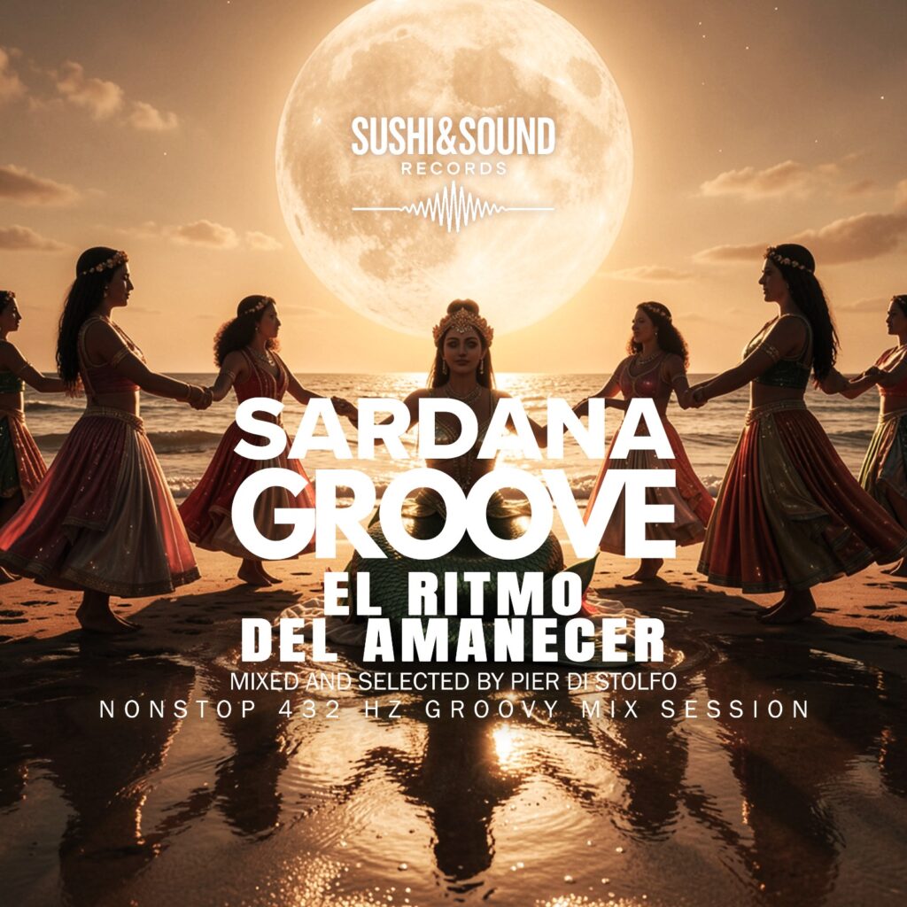 Poster promoting Sardana Groove event: dancers in colorful dresses in a circle on the beach at sunset with a large full moon in the background, text overlays front-and-center.