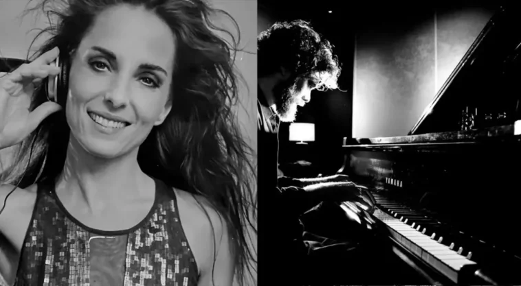 Black-and-white split image of a smiling female singer wearing headphones on the left and a male pianist playing a grand piano on the right.