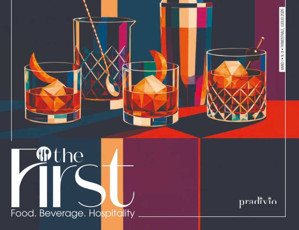 Cover of The First magazine showing four colorful geometric cocktails on a dark bar with 'Food. Beverage. Hospitality' tagline.